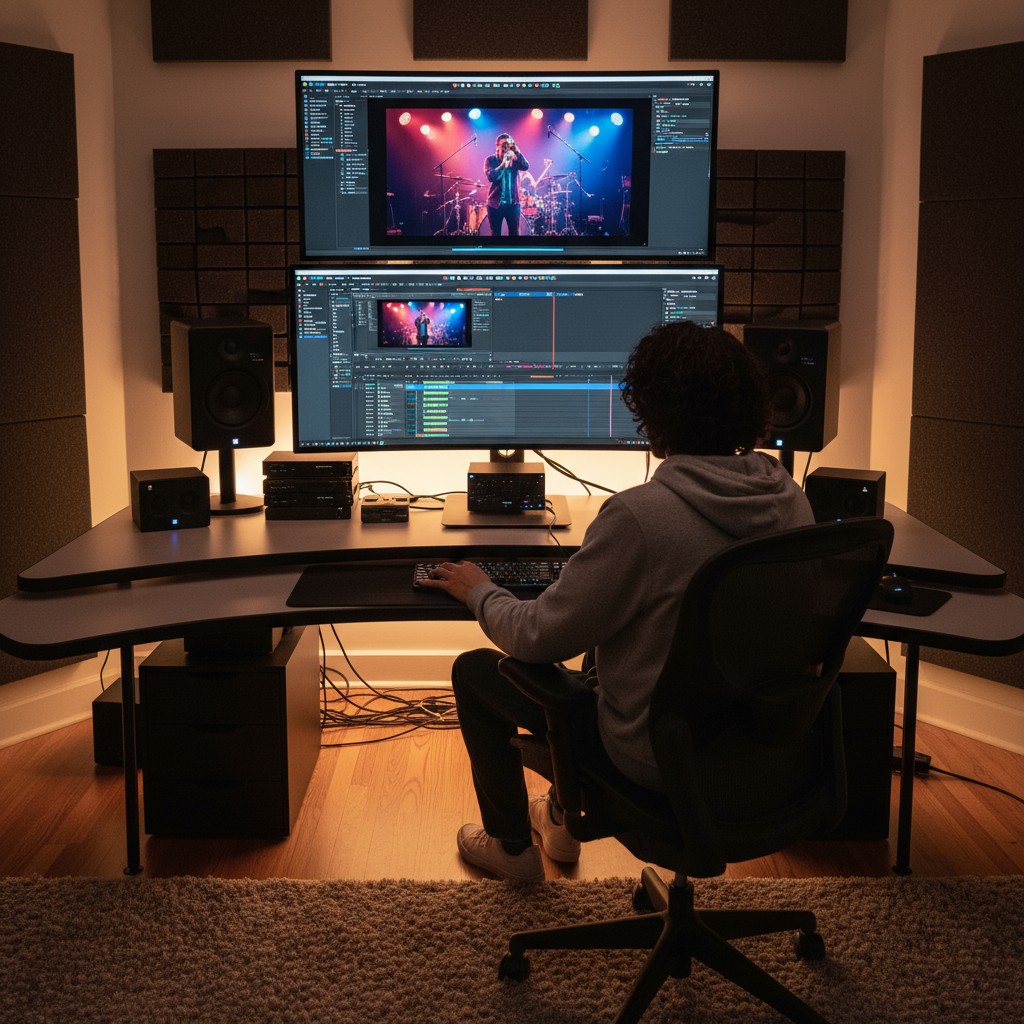 A man sits at a desk with two screens displaying video editing software, wearing a gray hoodie and black pants.