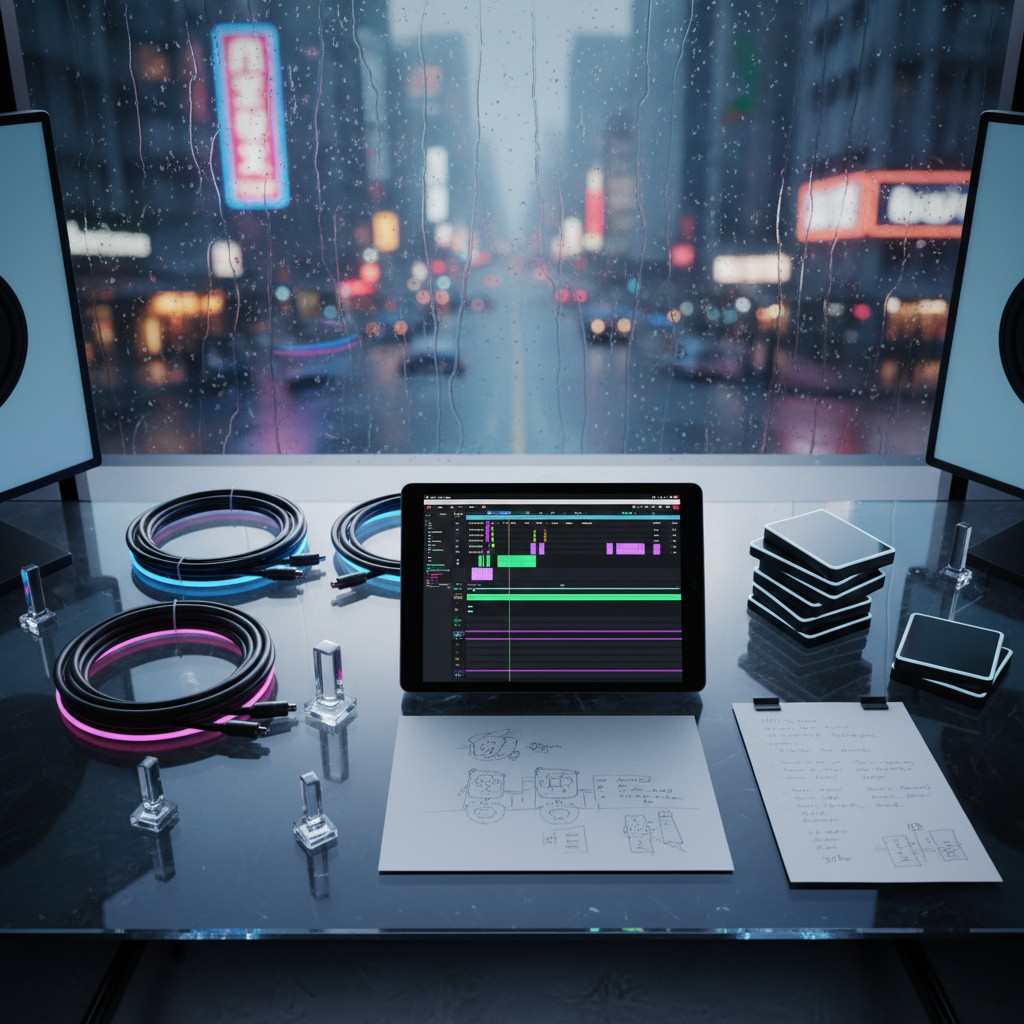 A darkly lit room with a large screen display featuring a computer program likely used for editing or coding.